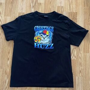 5 for $15! Black Graphic Cat Tee with 'Greetings Huzz' Print